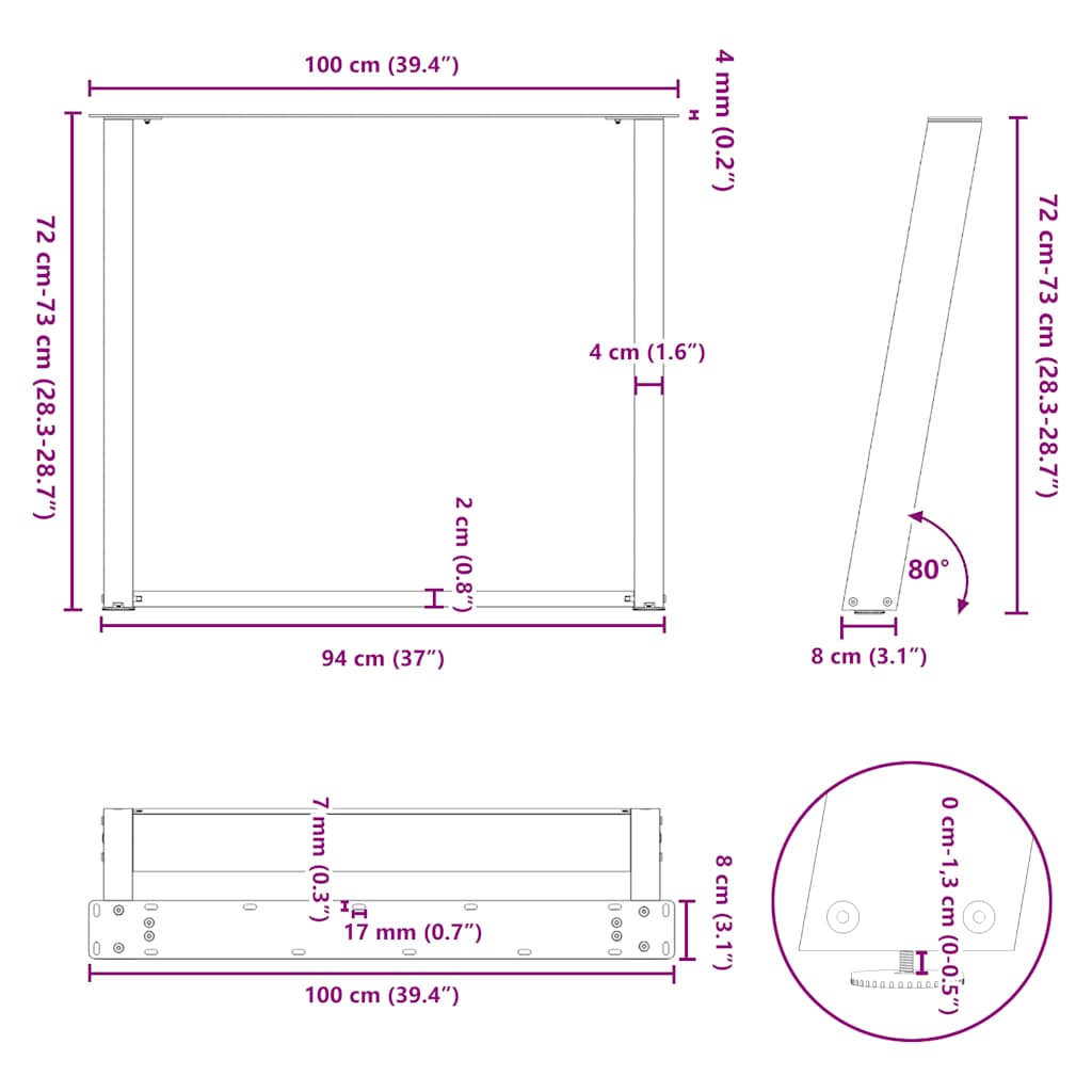 Esstischbeine U-Form 2 Stk. Naturstahl 100x(72-73) cm Stahl