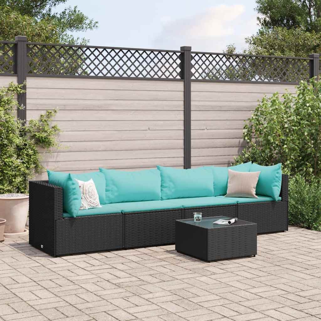 5-tlg. Garten-Lounge-Set mit Kissen Schwarz Poly Rattan