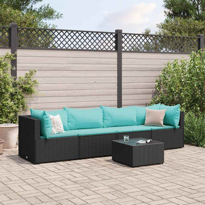 5-tlg. Garten-Lounge-Set mit Kissen Schwarz Poly Rattan