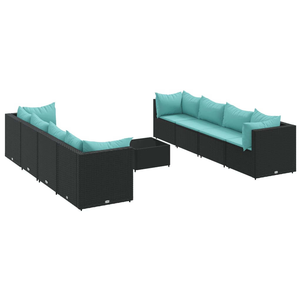 9-tlg. Garten-Lounge-Set mit Kissen Schwarz Poly Rattan