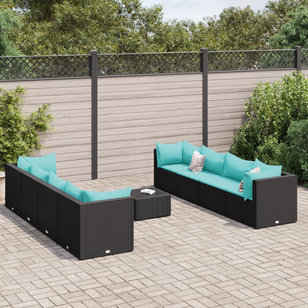 9-tlg. Garten-Lounge-Set mit Kissen Schwarz Poly Rattan