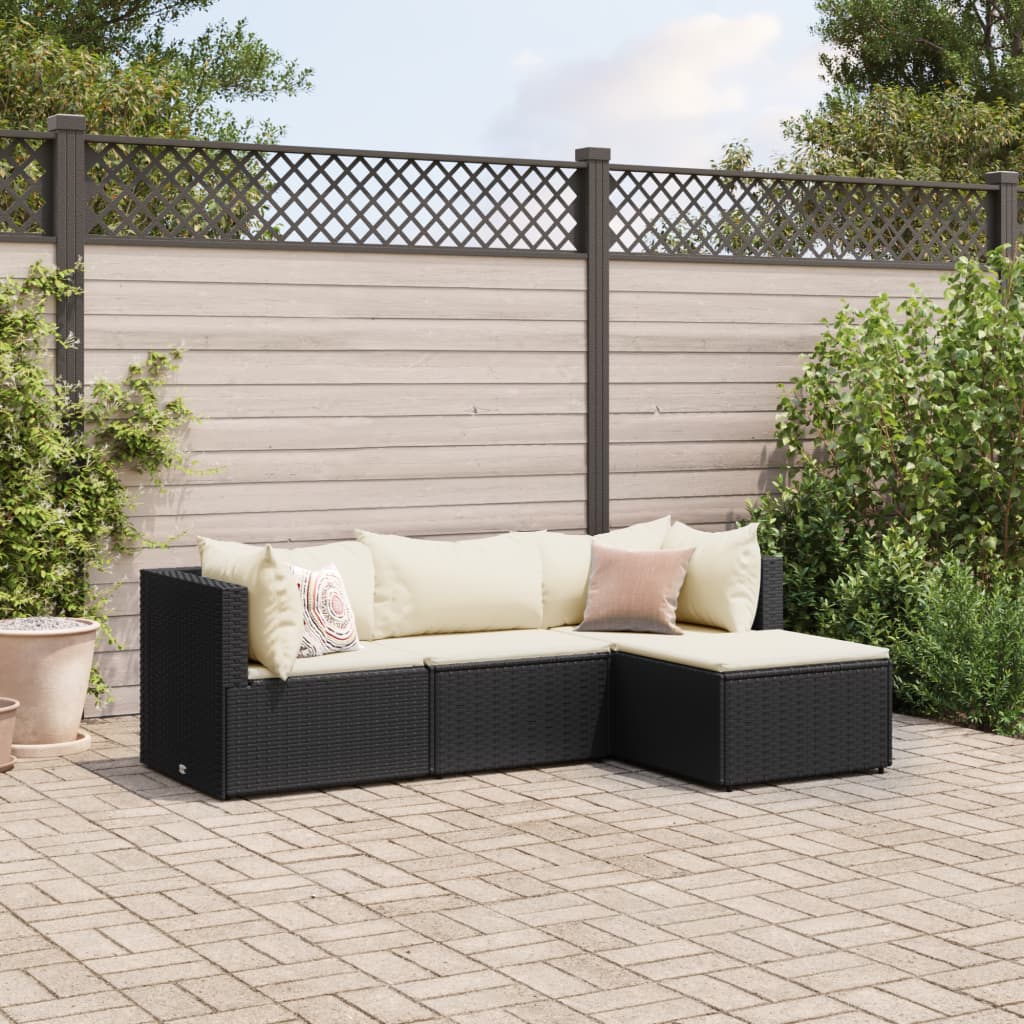 4-tlg. Garten-Lounge-Set mit Kissen Schwarz Poly Rattan