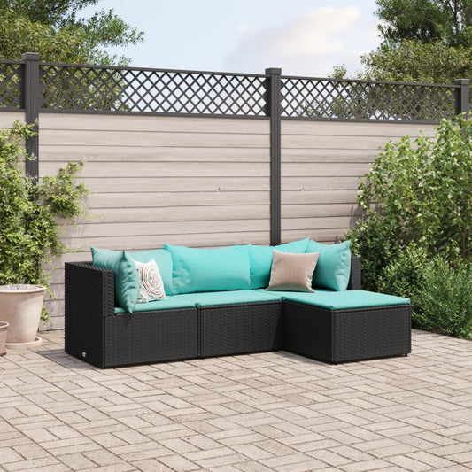 4-tlg. Garten-Lounge-Set mit Kissen Schwarz Poly Rattan