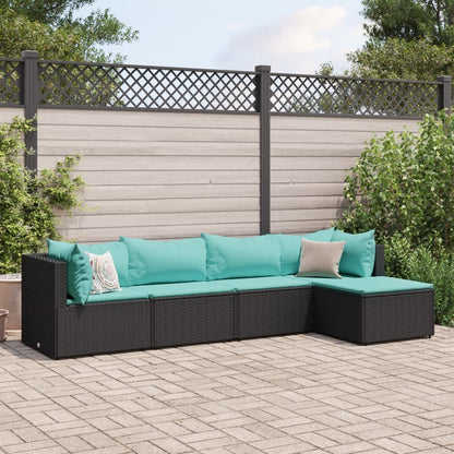 5-tlg. Garten-Lounge-Set mit Kissen Schwarz Poly Rattan