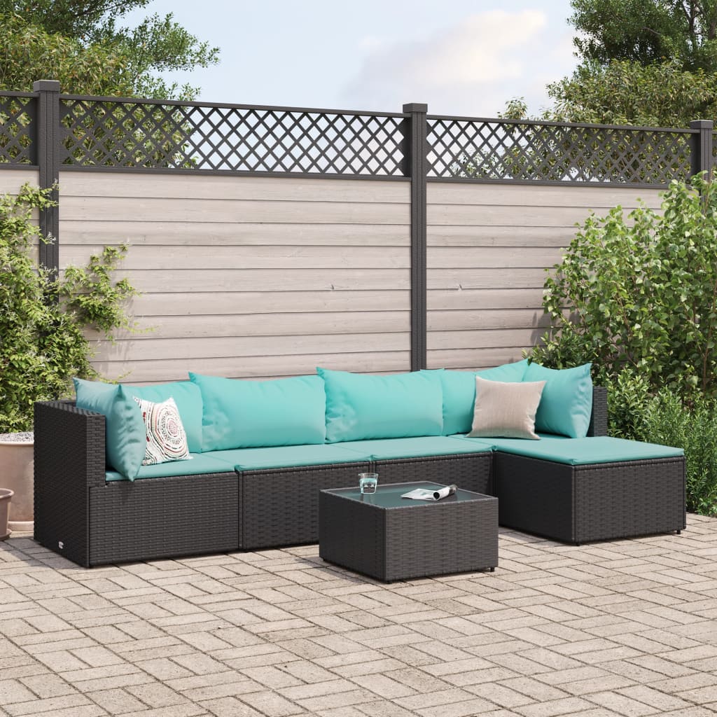 6-tlg. Garten-Lounge-Set mit Kissen Schwarz Poly Rattan