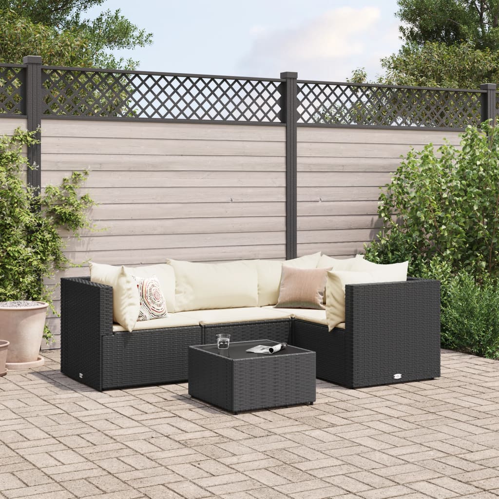 5-tlg. Garten-Lounge-Set mit Kissen Schwarz Poly Rattan