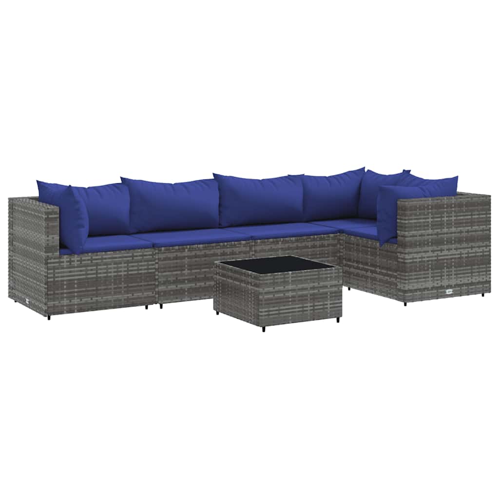 6-tlg. Garten-Lounge-Set mit Kissen Grau Poly Rattan