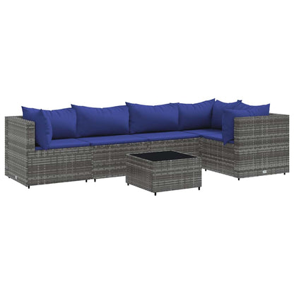 6-tlg. Garten-Lounge-Set mit Kissen Grau Poly Rattan