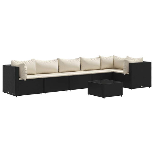 7-tlg. Garten-Lounge-Set mit Kissen Schwarz Poly Rattan