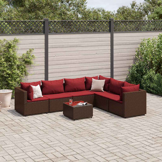 7-tlg. Garten-Lounge-Set mit Kissen Braun Poly Rattan