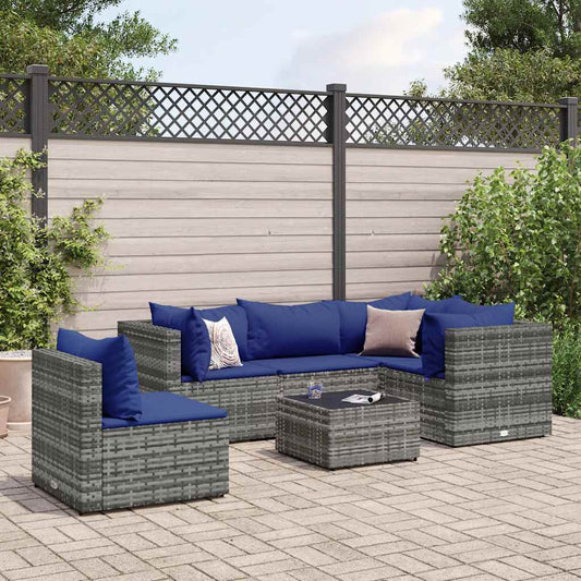 6-tlg. Garten-Lounge-Set mit Kissen Grau Poly Rattan