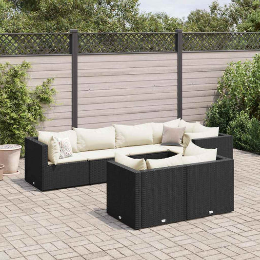 7-tlg. Garten-Lounge-Set mit Kissen Schwarz Poly Rattan
