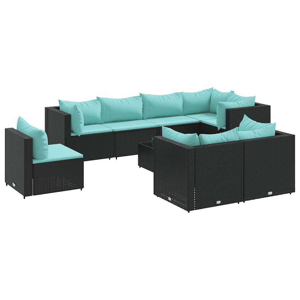 9-tlg. Garten-Lounge-Set mit Kissen Schwarz Poly Rattan