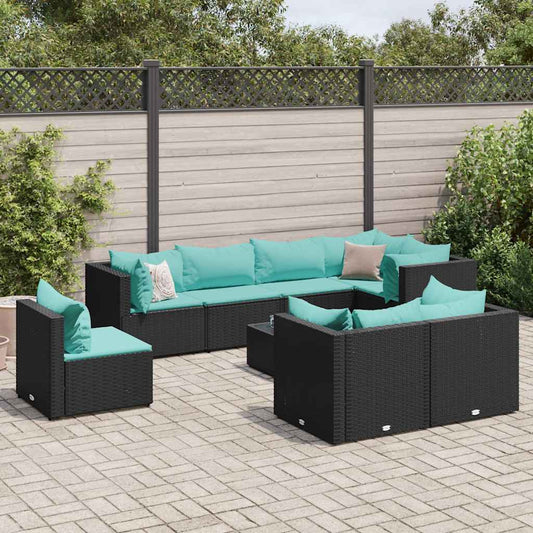 9-tlg. Garten-Lounge-Set mit Kissen Schwarz Poly Rattan