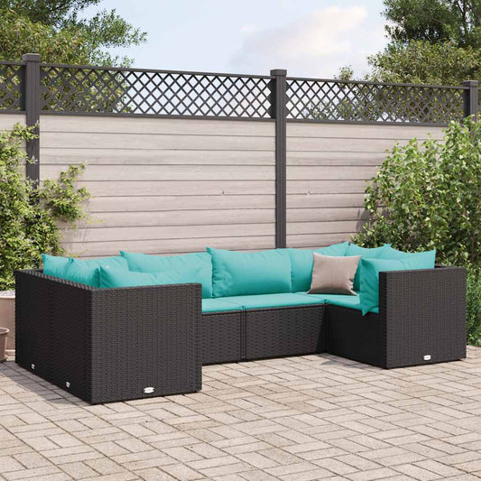 6-tlg. Garten-Lounge-Set mit Kissen Schwarz Poly Rattan