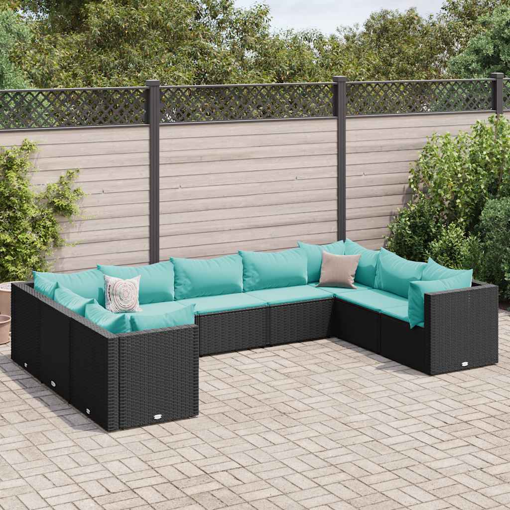 9-tlg. Garten-Lounge-Set mit Kissen Schwarz Poly Rattan