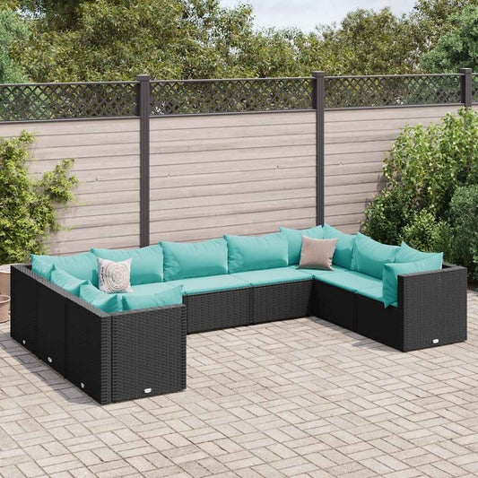 9-tlg. Garten-Lounge-Set mit Kissen Schwarz Poly Rattan