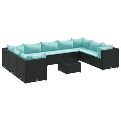10-tlg. Garten-Lounge-Set mit Kissen Schwarz Poly Rattan