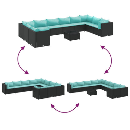 10-tlg. Garten-Lounge-Set mit Kissen Schwarz Poly Rattan