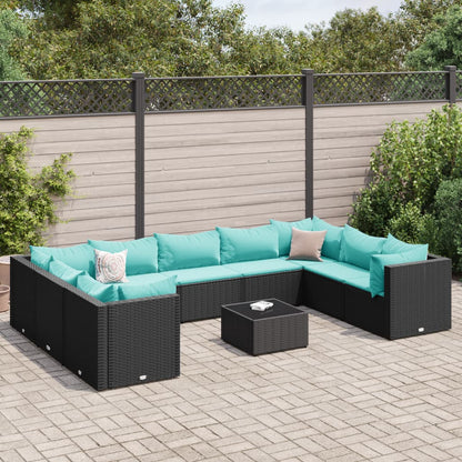 10-tlg. Garten-Lounge-Set mit Kissen Schwarz Poly Rattan