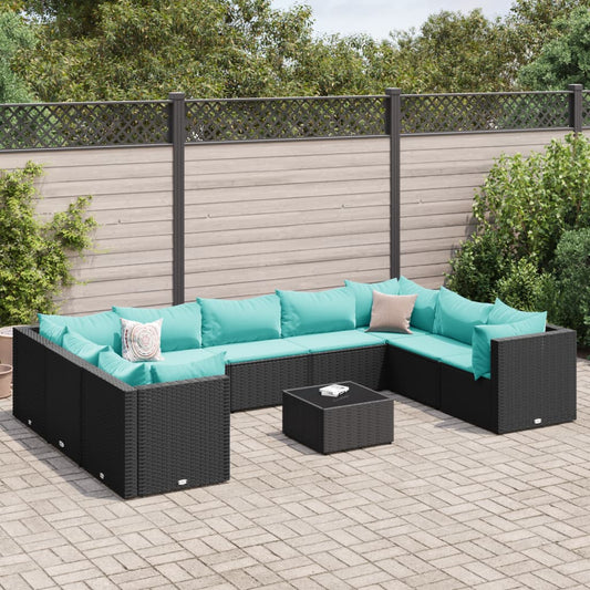 10-tlg. Garten-Lounge-Set mit Kissen Schwarz Poly Rattan