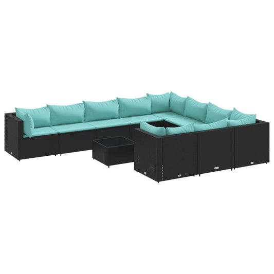 11-tlg. Garten-Sofagarnitur mit Kissen Schwarz Poly Rattan