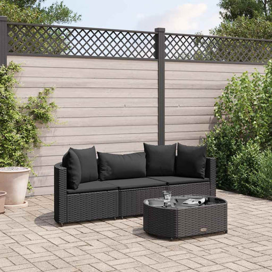 4-delt Havesofasæt med puder Sort polyrattan