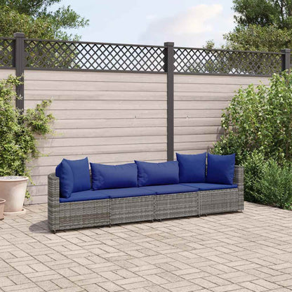 4-tlg. Garten-Sofagarnitur mit Kissen Grau Poly Rattan