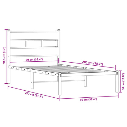 Metallbett ohne Matratze Räuchereiche 90x200 cm