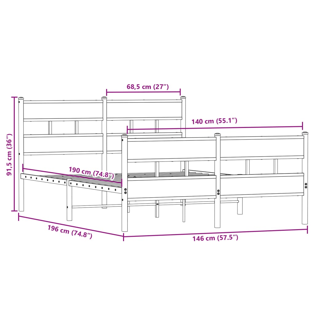 Metallbett ohne Matratze Sonoma-Eiche 140x190 cm