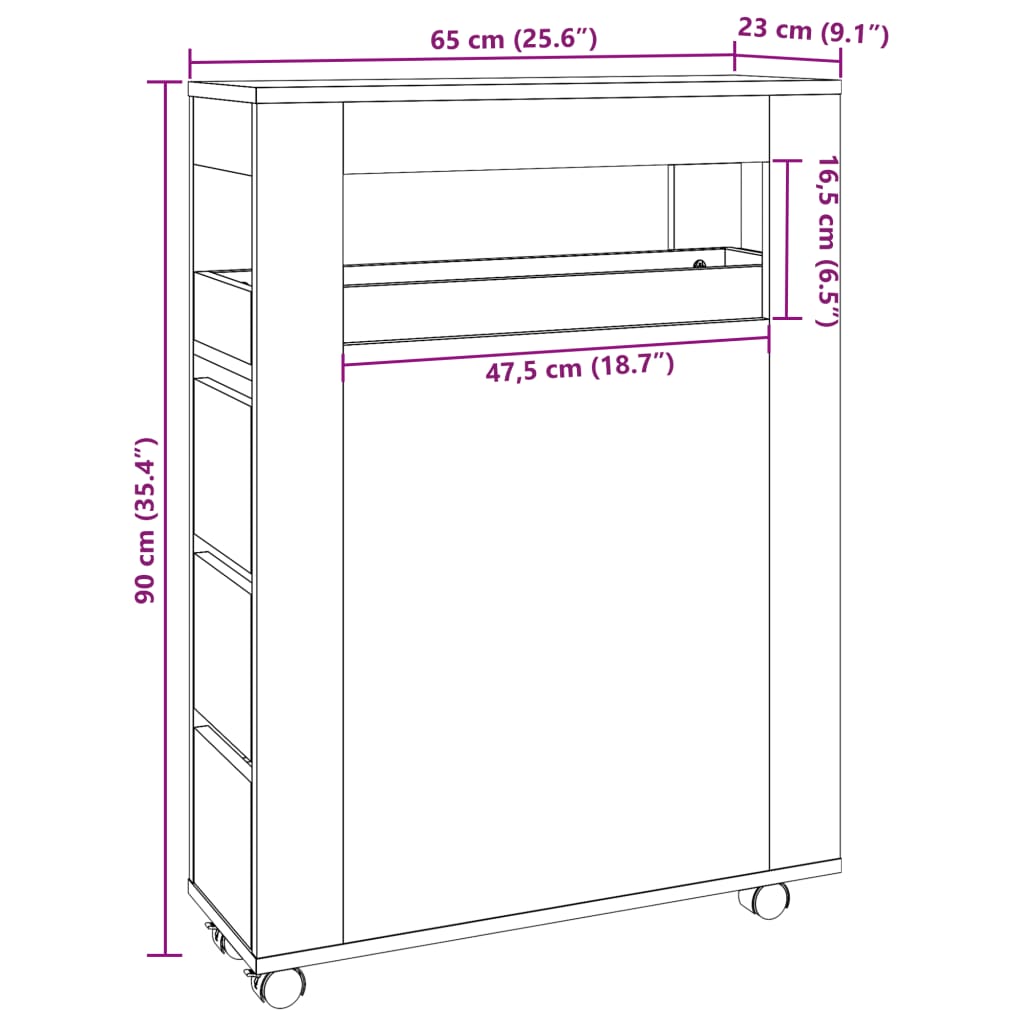 Badschrank Schmal mit Rollen Räuchereiche Holzwerkstoff