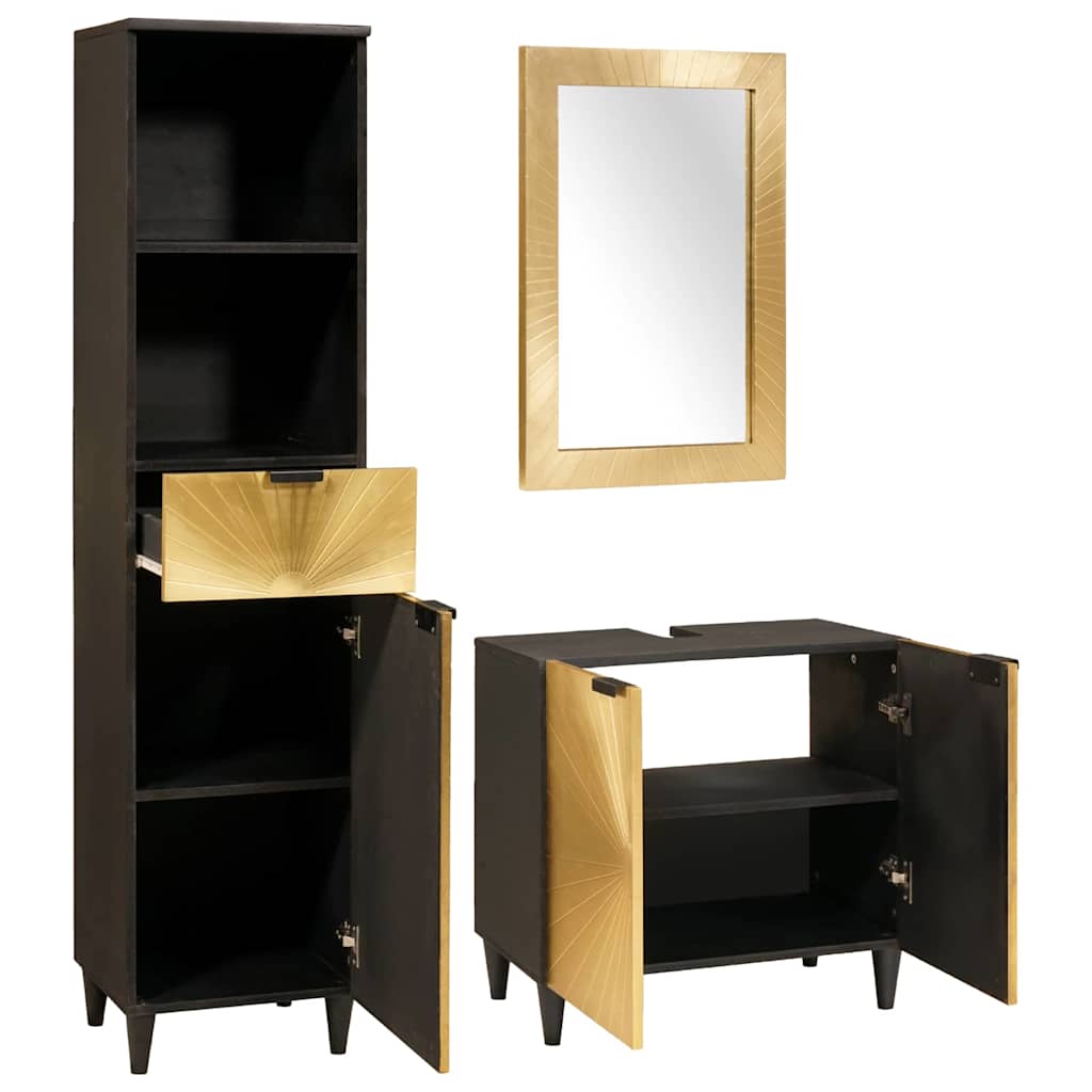 Badezimmermöbel-Sets 3 pcs Schwarz und Gold massives Mangoholz