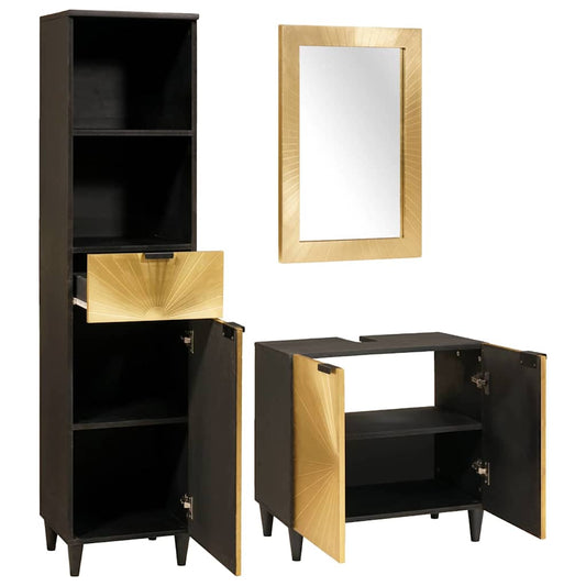 Badezimmermöbel-Sets 3 pcs Schwarz und Gold massives Mangoholz