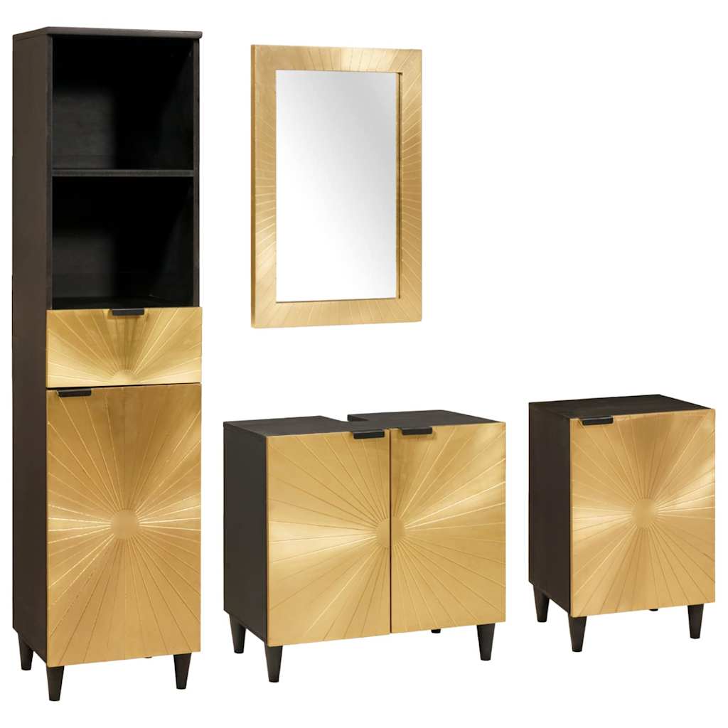 Badezimmermöbel-Sets 4 pcs Schwarz und Gold massives Mangoholz