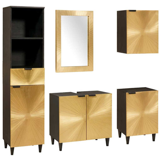 Badezimmermöbel-Sets 5 pcs Schwarz und Gold massives Mangoholz