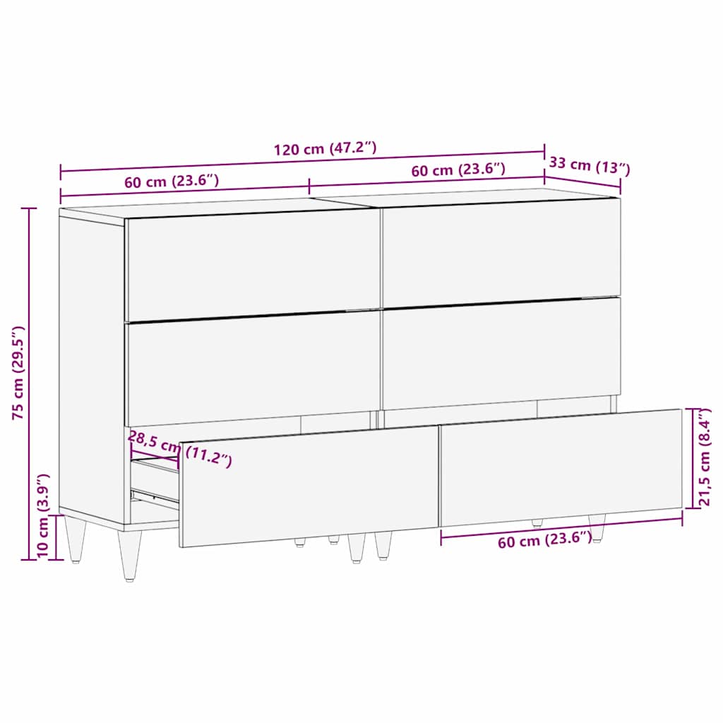 Sideboard 2 pcs Honigbraun 60 x 33.5 x 75 cm Massivholz Mango
