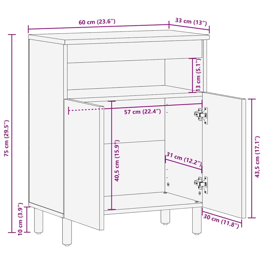 Sideboard mit Regal Braun 60 x 33 x 75 cm Massivholz Akazie