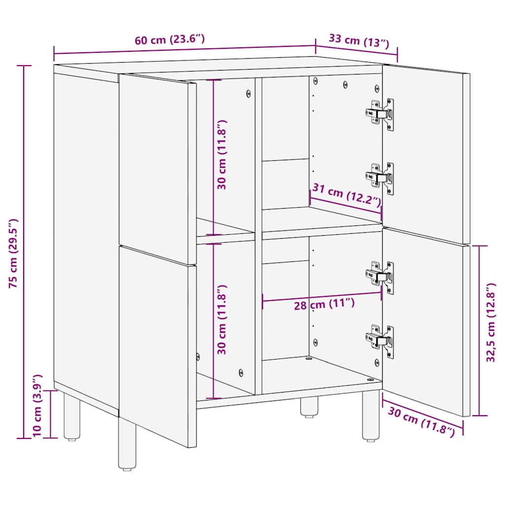 Sideboard mit Regal Braun 60 x 33 x 75 cm Massivholz Akazie