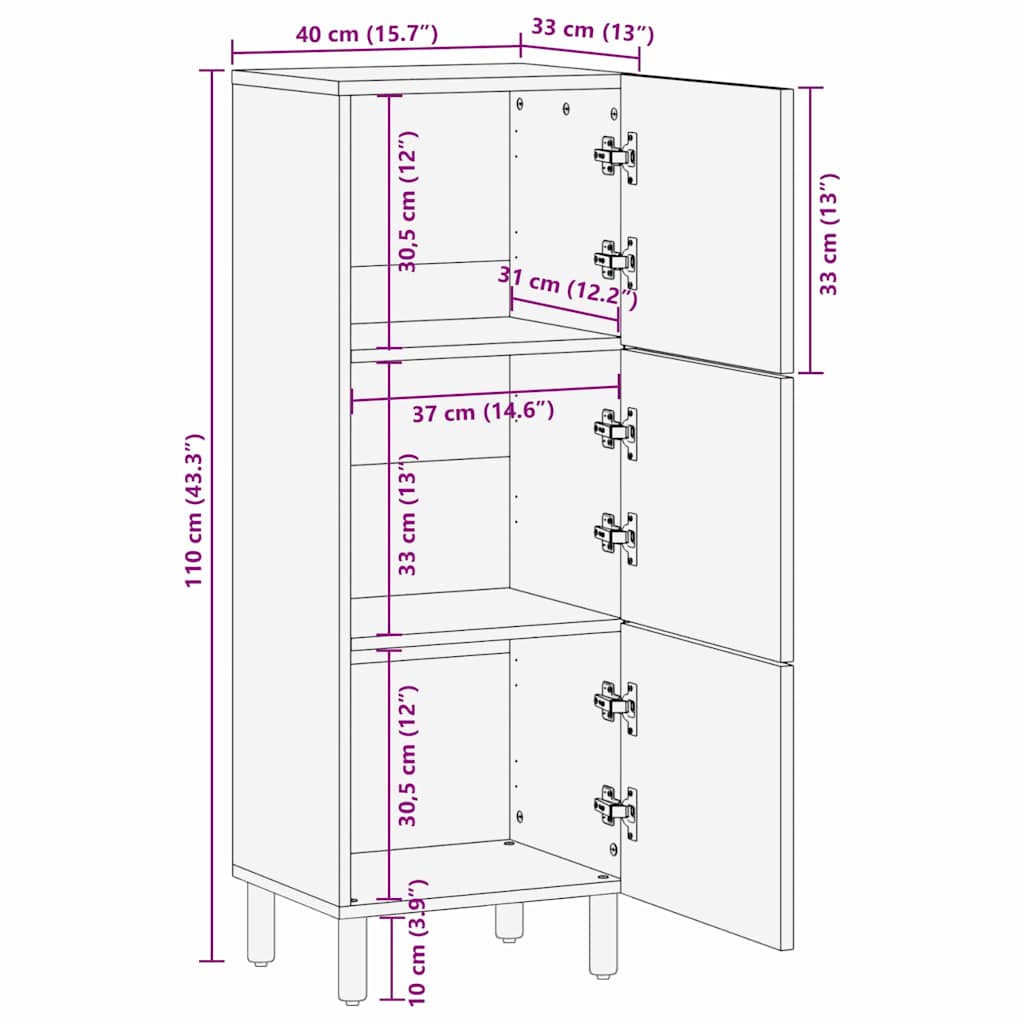 Highboard mit Regal Braun 40 x 33 x 110 cm Massivholz Akazie