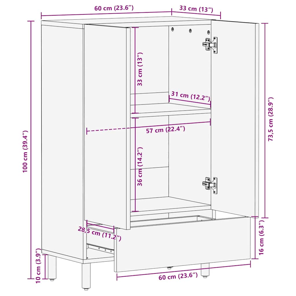 Highboard mit Regal Braun 60 x 33 x 100 cm Massivholz Akazie