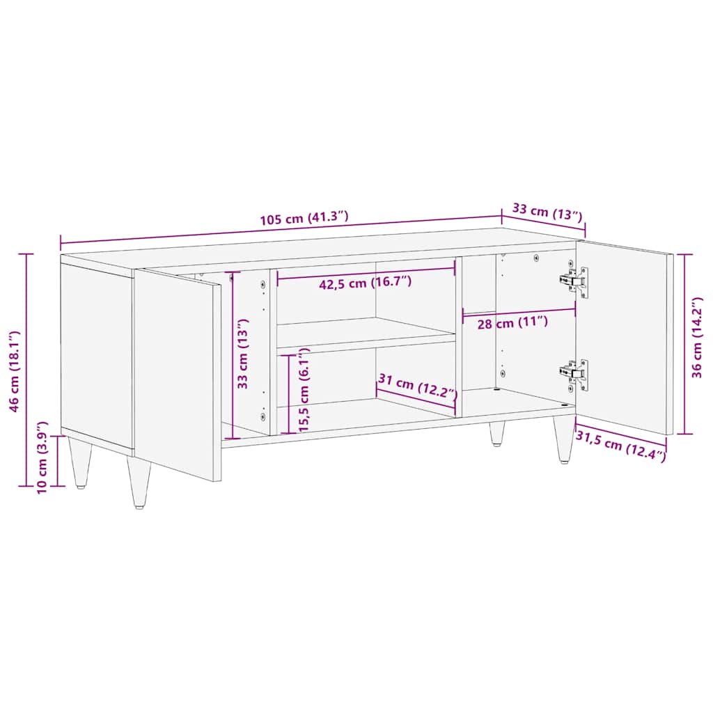 TV-Schränk Hellbraun 105 x 33 x 46 cm massives Mangoholz