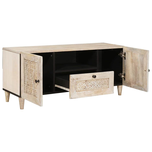 TV-Schränk mit Regal Weiß 105 x 33 x 46 cm massives Mangoholz