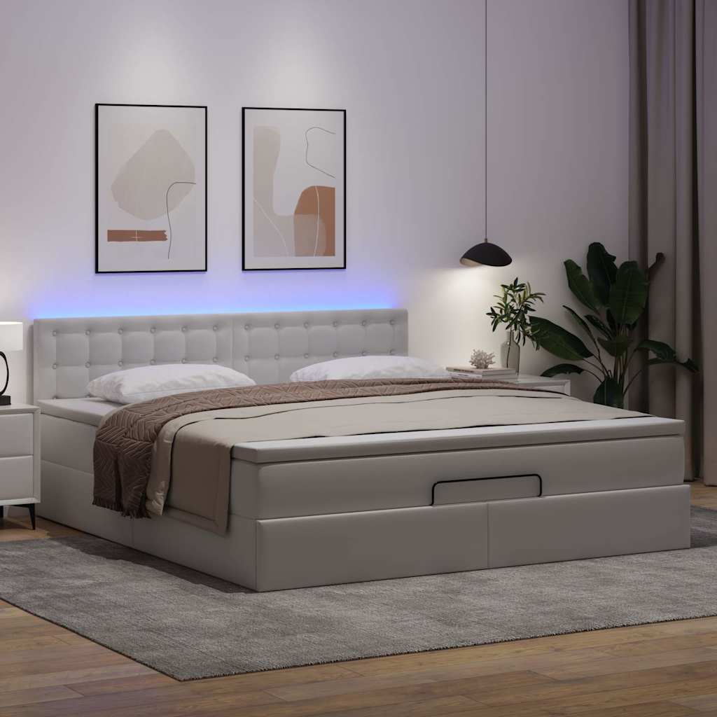 Ottoman-Bett mit Matratzen & LEDs Reinweiß 180x200cm Kunstleder
