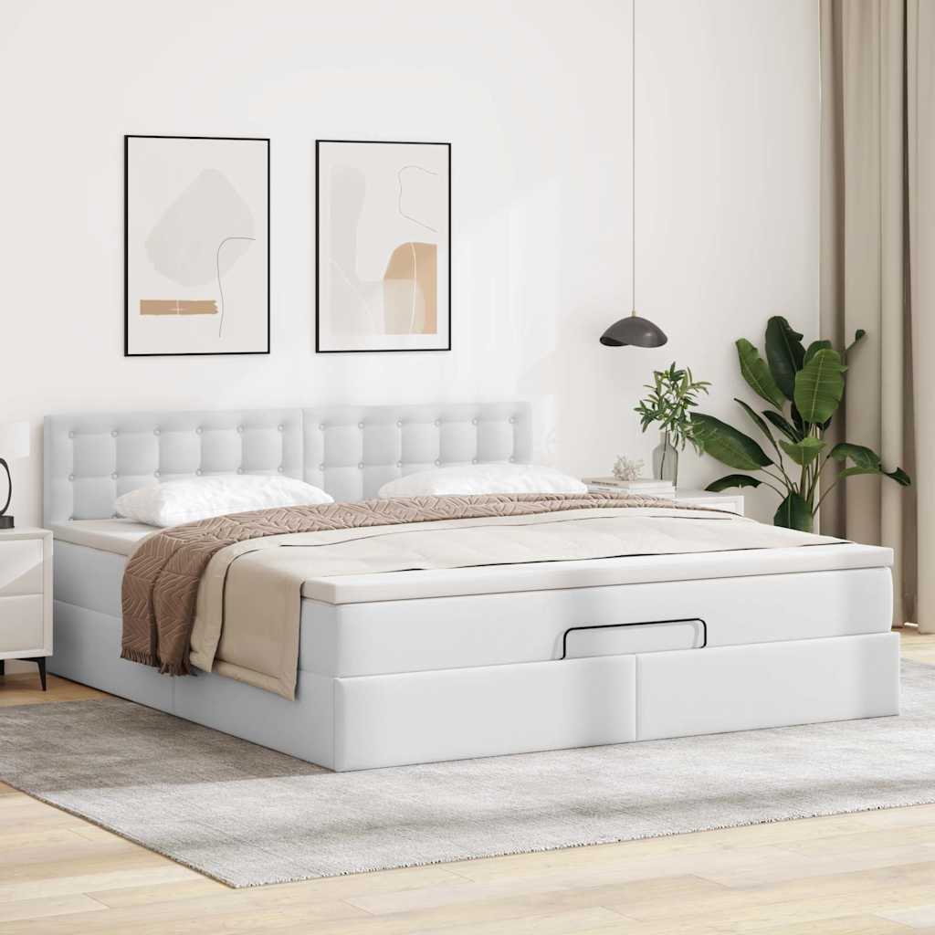 Ottoman-Bett mit Matratzen & LEDs Reinweiß 180x200cm Kunstleder