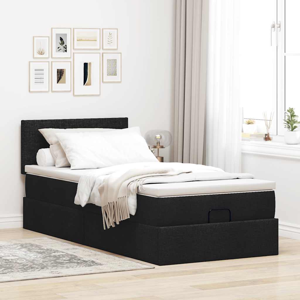 Ottoman-Bett mit Matratze & LEDs Schwarz 90x190 cm Stoff