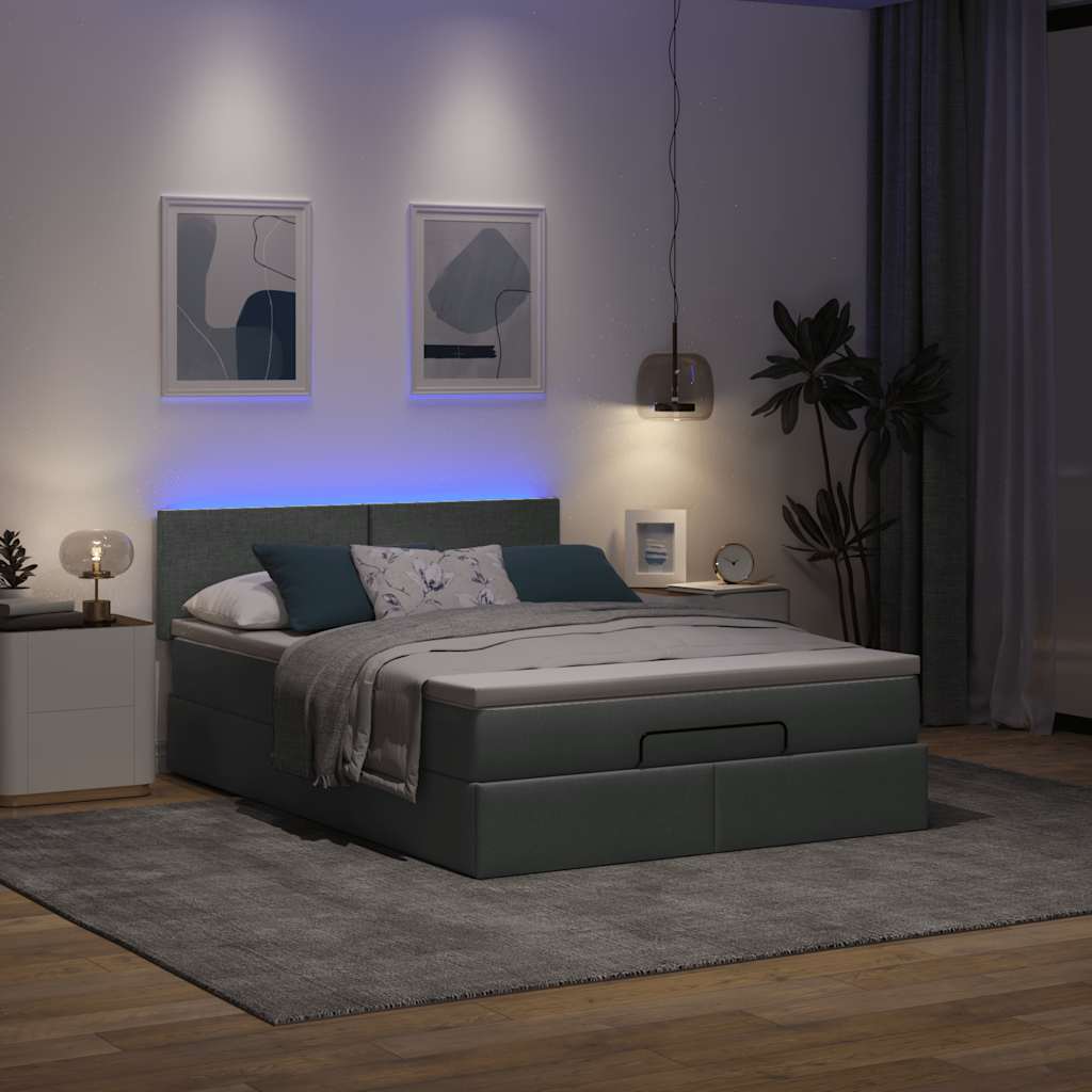 Ottomane Bett mit Matratze & LEDs Dunkelgrau 140x200 cm Stoff