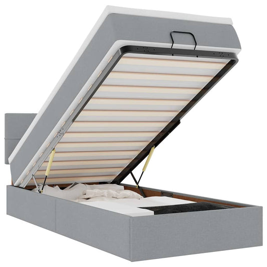 Ottoman-Bett mit Matratze & LEDs Hellgrau 90x190 cm Stoff