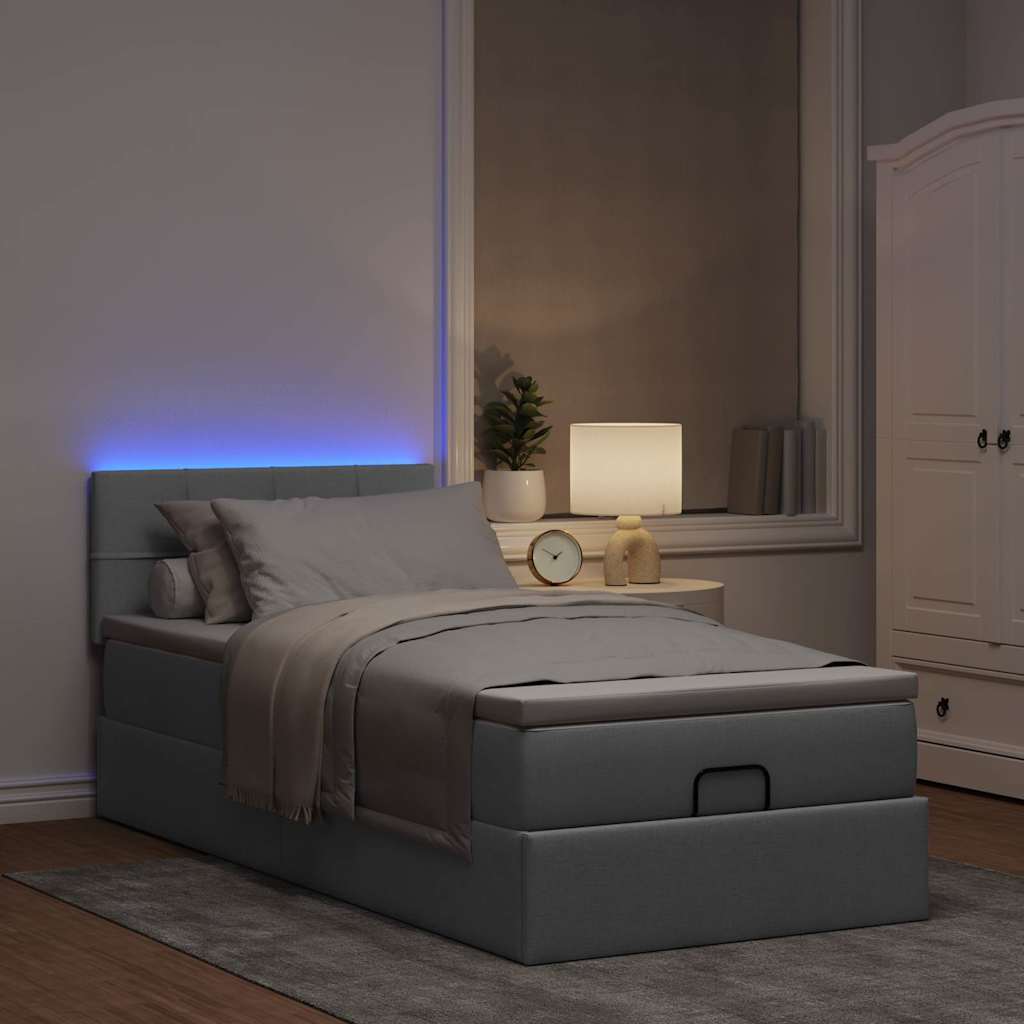 Ottoman-Bett mit Matratze & LEDs Hellgrau 90x190 cm Stoff