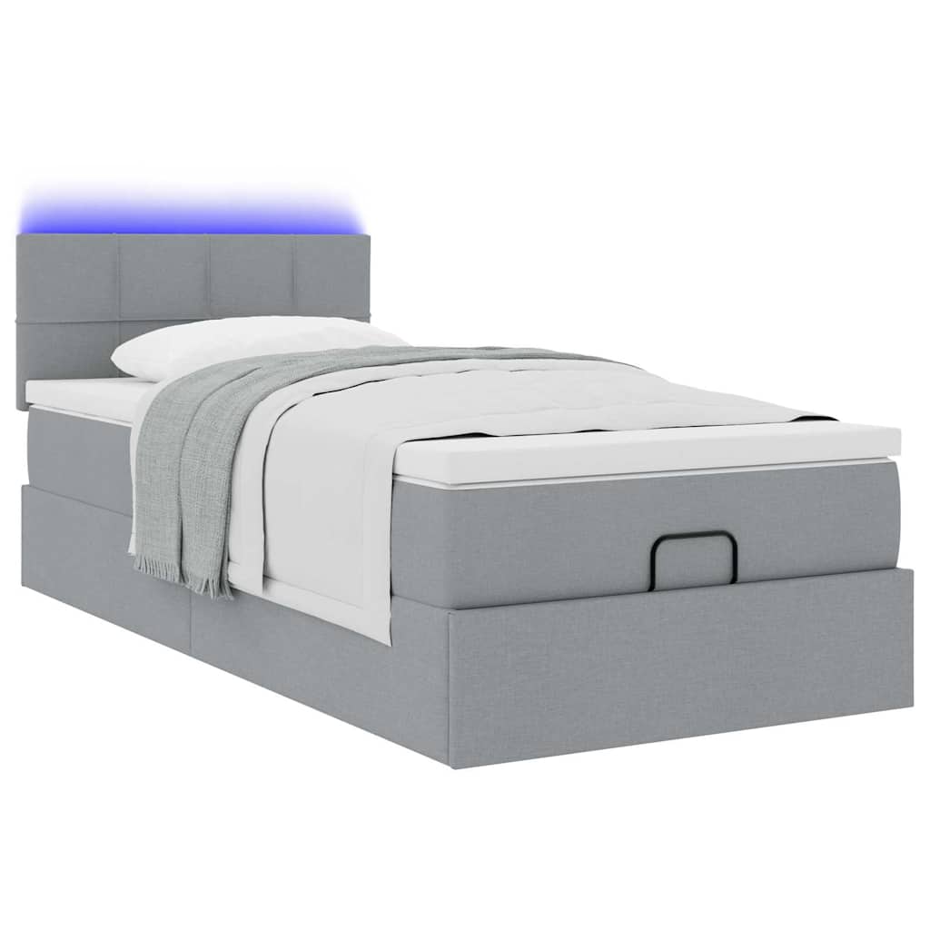 Ottoman-Bett mit Matratze & LEDs Hellgrau 90x190 cm Stoff