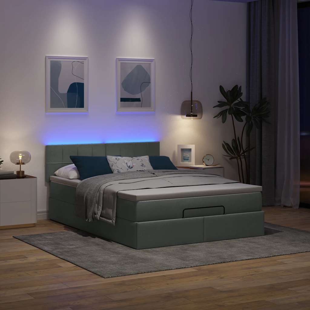 Ottomane Bett mit Matratze & LEDs Dunkelgrau 140x190 cm Stoff